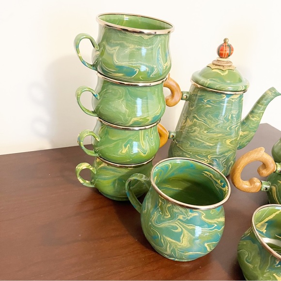Vintage RARE MacKenzie-Childs Victoria and Richard Green Enamel 12 pc Tea Set - Picture 2 of 10